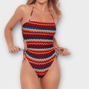 Sports Illustrated Strapless One Piece Side Cutout Groovy Stripe Swimsuit Size L